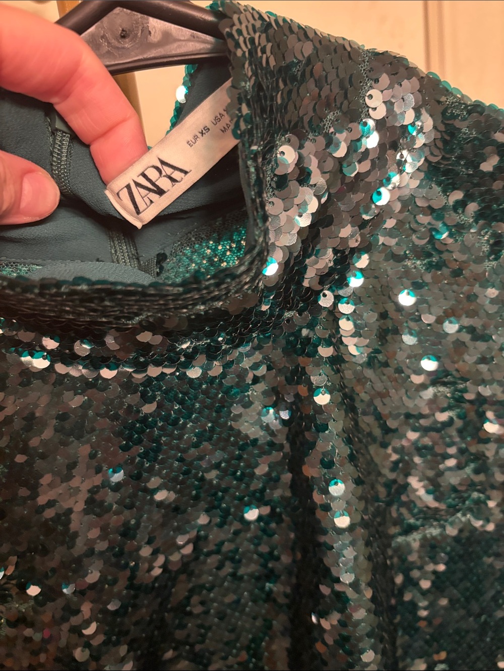 Zara Sequin Mock Neck Long-Sleeve Top - Dark Teal XS NWOT - Picture 2 of 3